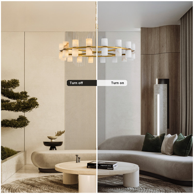 Lustre rond 31,5 "pour îlot de cuisine doré albâtre, Doré, H 6,3 po x l 31,5 po x P 31,5 po, 32 lumières