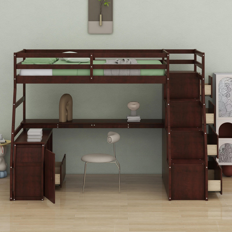 Lit mezzanine avec tiroirs, tablettes et bureau, Lit simple, Espresso