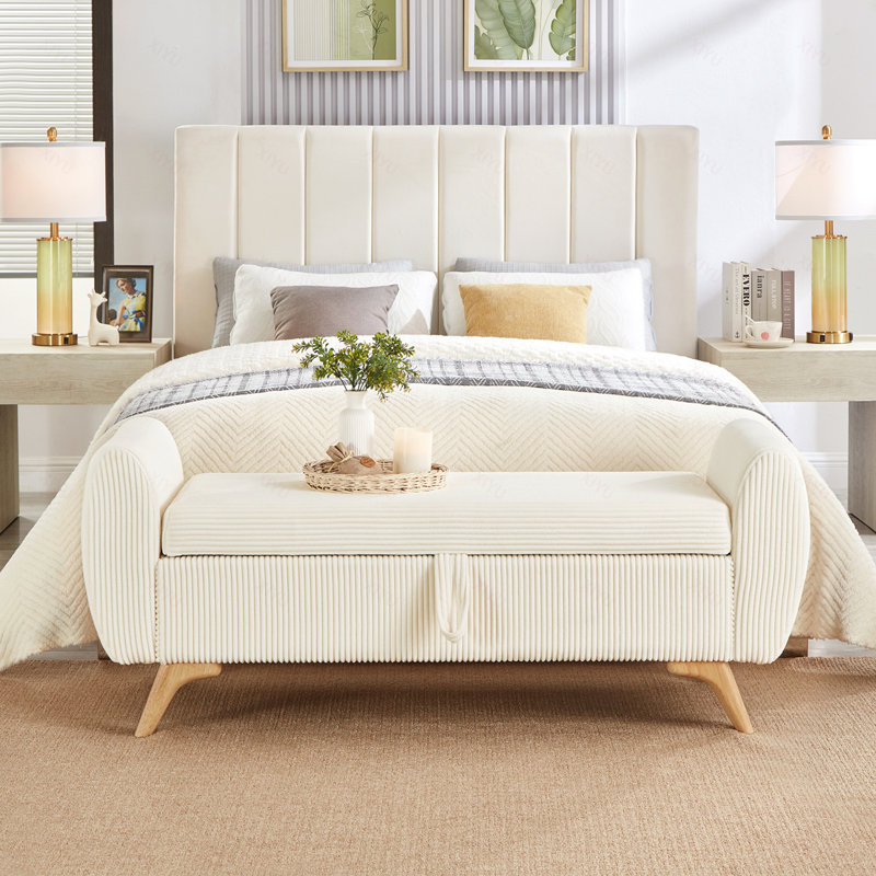 Banc en velours côtelé de conception moderne avec banc de rangement, banc en bois pour chambre à coucher, couloir, Beige