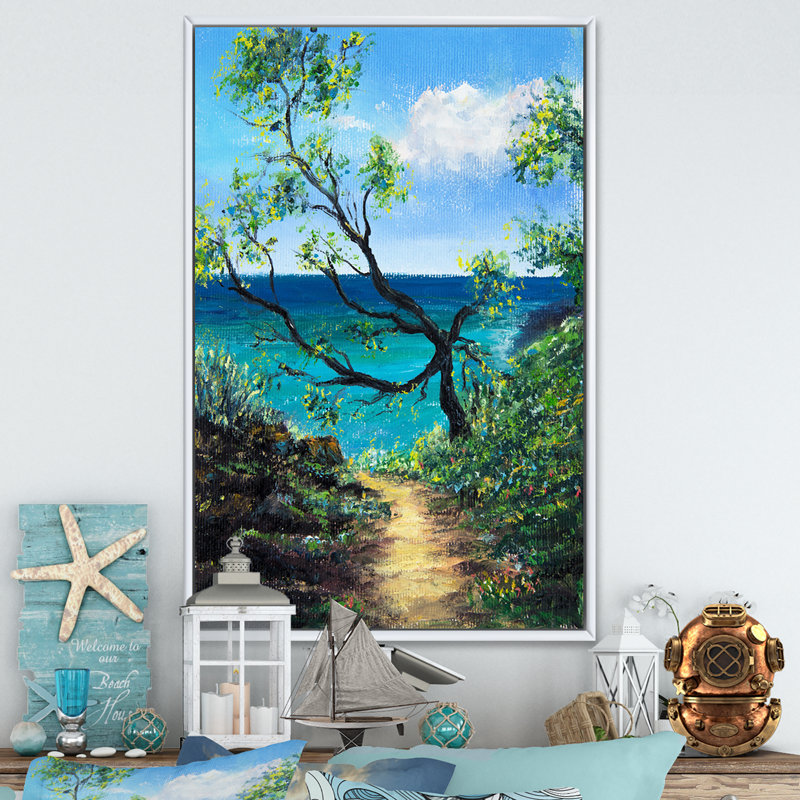 Path to the Ocean, peinture sur toile - Nautique et côtier, H 32 po x l 16 po x P 1 po, Cadre flottant blanc