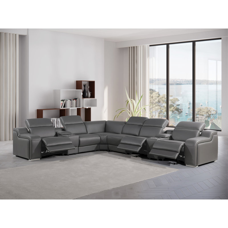 Stanson 8 - Piece Top Grain Italian Leather Power Reclining Sectional, Dark Gray Genuine Leather