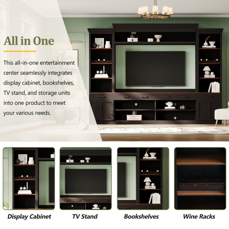 For Tvs Up To 70 Inches With Bookshelves, Adjustable Shelves, Wine Rack, Mid-Century Style Large Media Console, Black
