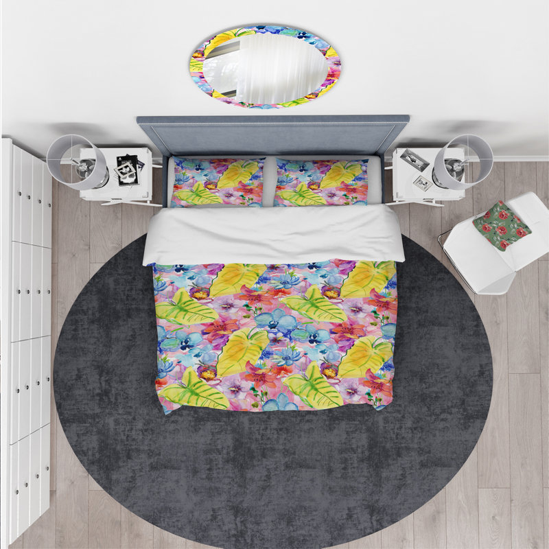 Ensemble de housse de couette à feuilles de fleurs designart, Housse de couette très grand + 2 taies décoratives
