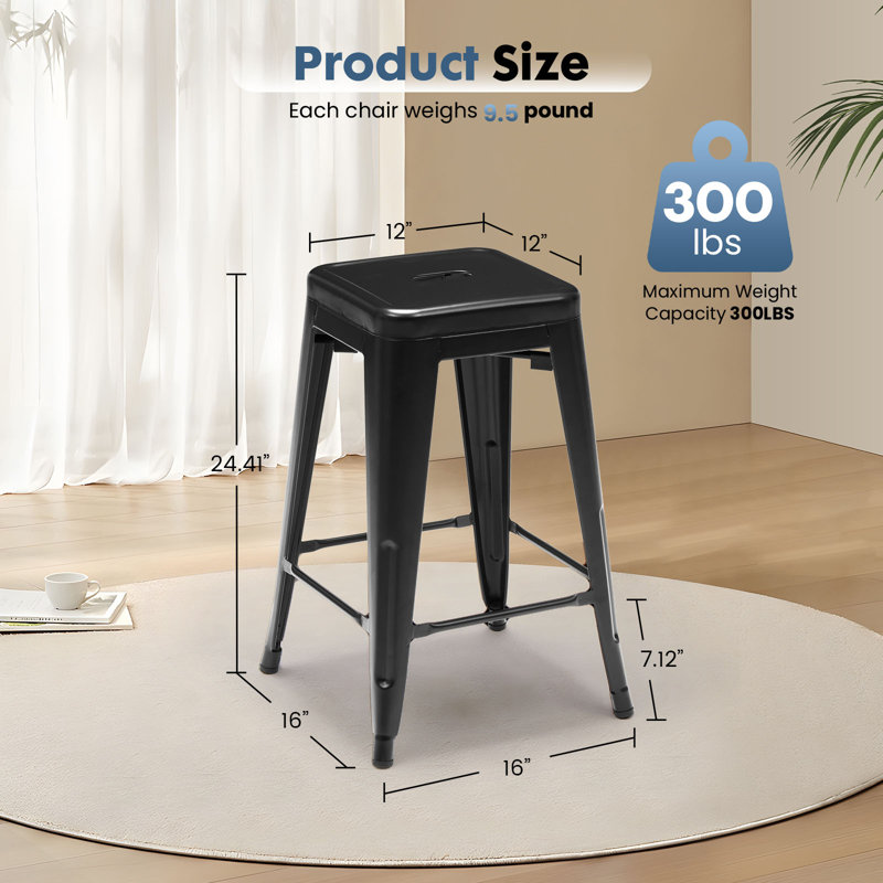 Set of 4 Stackable Backless Metal Bar Stools, Indoor/Outdoor Kitchen Counter Stools, Industrial Home Dining Chairs, Black