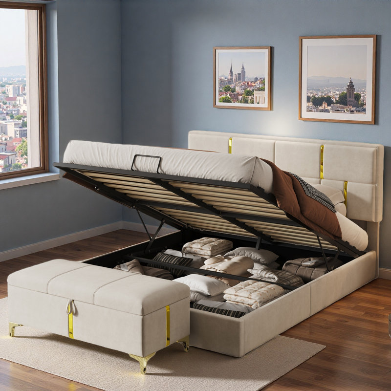 Les ensembles de chambre à coucher 2 pièces comprennent 1 lit plateforme tapissier avec système de rangement hydraulique, 1 repose-pieds avec rangement et pieds en métal