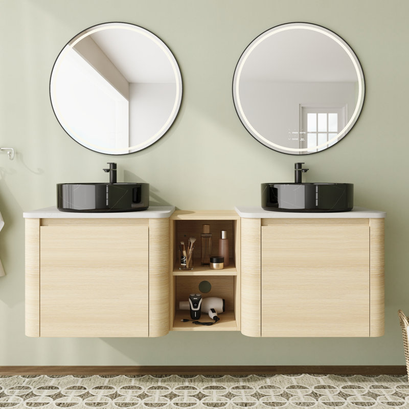 Meuble-lavabo double 60 po avec dessus en pierre reconstituée et portes à fermeture en douceur 60 po