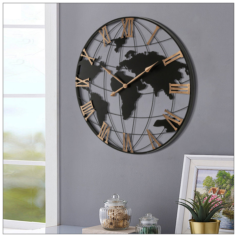 Extra Giant Large Metal Wall Clock, Modern Silent World Map Wall Clock With Vintage Roman Numeral, Decorative For Living Room, Entryway, Dinning Room, Bedroom