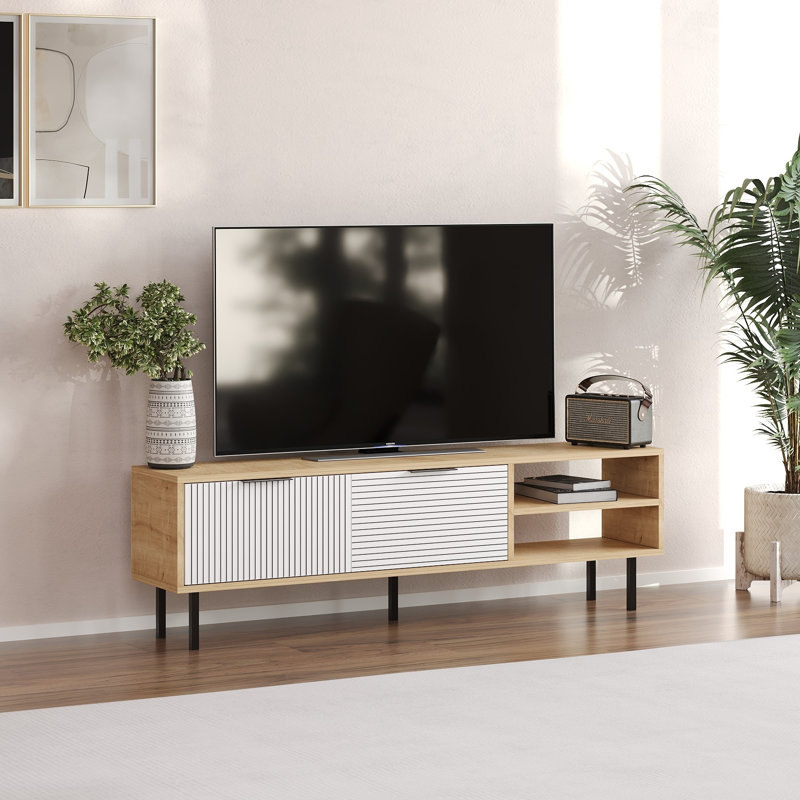 Modern TV Stand with Wall-Mounting Option, Sapphire Oak & White, 59.1 x 17.7 x 11.8 inches | 100% Melamine Coated Particle Board, Thickness: 0.7 inches | Multiple Shelves for Organized Storage, Trendy Scandinavian Design