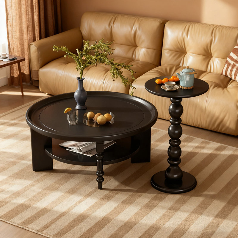 Ensemble de tables basses rondes en bois massif noir Retro, Noir