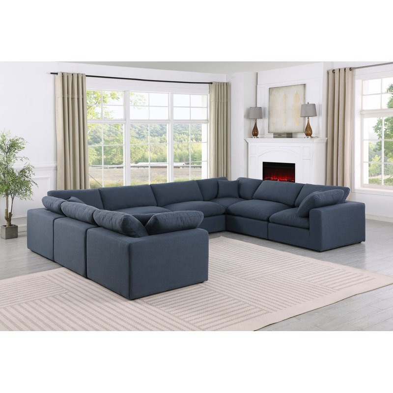 Hippler Upholstered U-Shaped Sectional Reversible, Navy Linen Textured Fabric