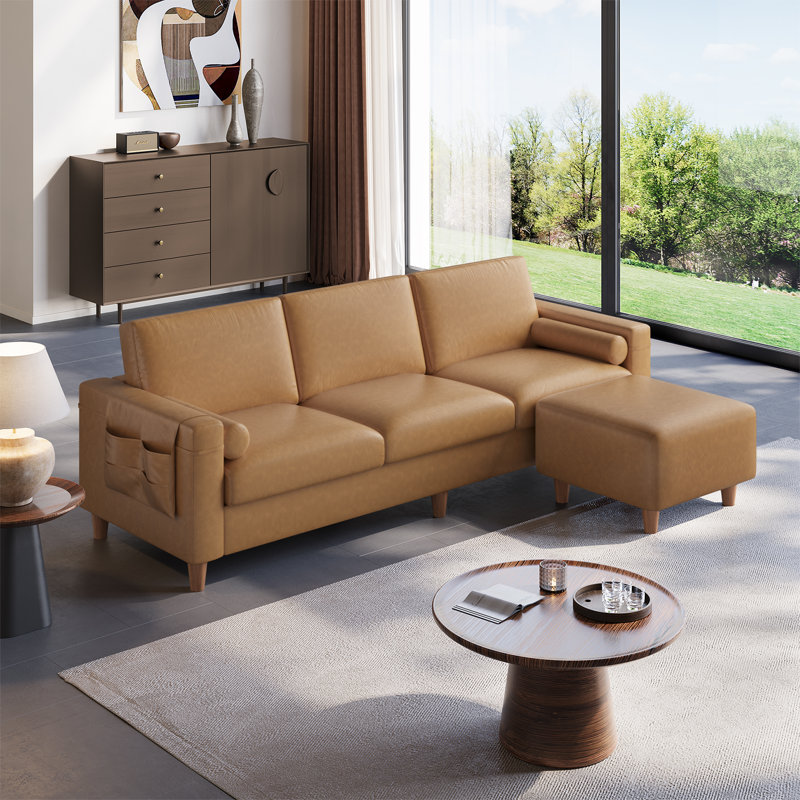 100" Faux Leather Couch With Movable Ottoman, 3 Seater L Shaped Pu Leather Sofa With Side Pocket, Orange Faux Leather