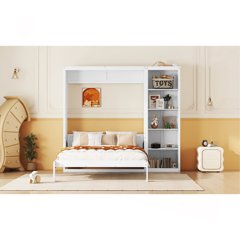 Lit escamotable double pleine grandeur avec tablettes, Blanc