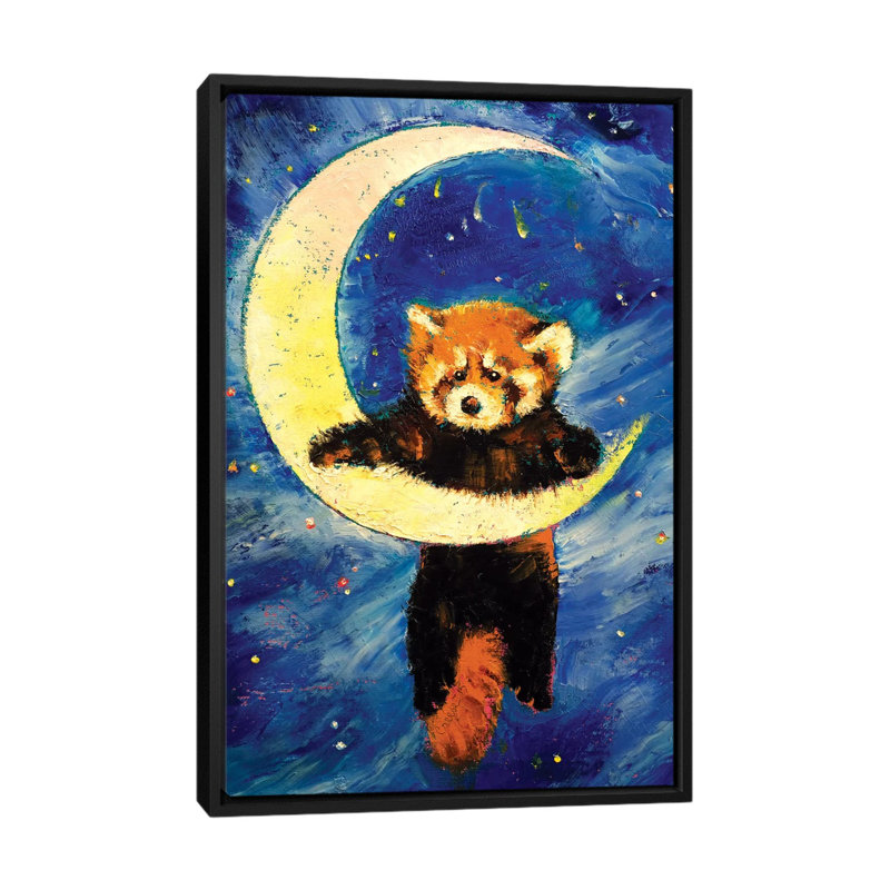 « red panda stars », peinture sur toile tendue, H 26 po x l 18 po x P 1,5 po, Toile avec cadre noir, Pas de tapis