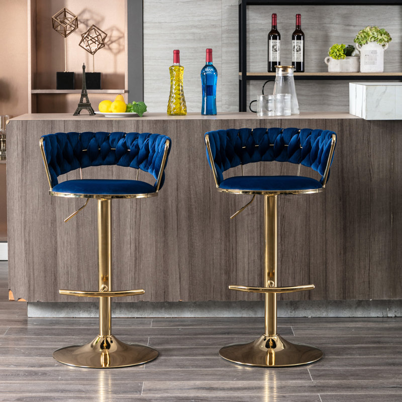 2 tabourets de bar, surface en velours bleu, pieds dorés, repose-pieds et base, hauteur réglable par outil de levage mécanique de 2 pieds avec instrument traversant
