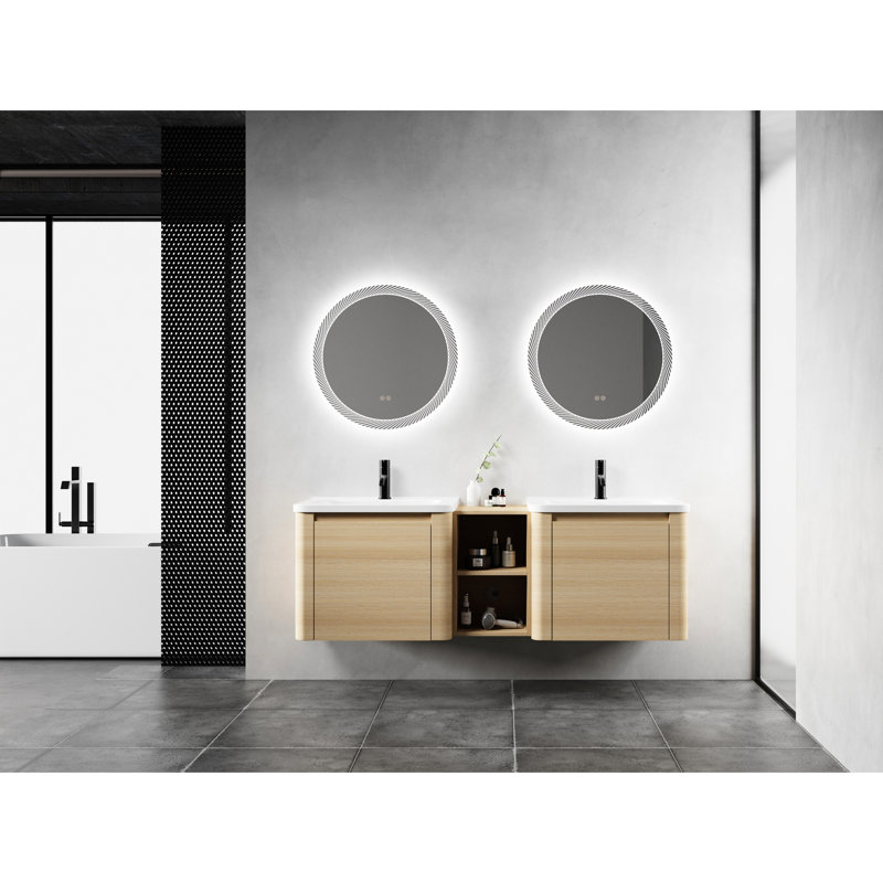 Meuble-lavabo mural 60 po avec tablettes de rangement, lavabo en céramique, 2 portes à fermeture en douceur, contreplaqué, emballage Kd, chêne américain blanc contemporain