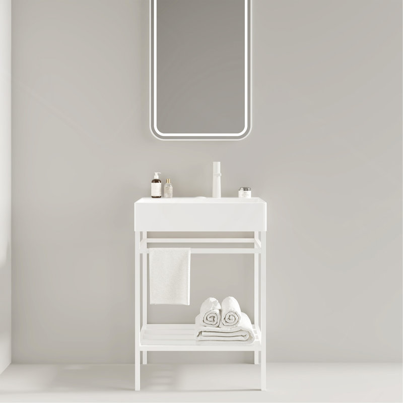 Ensemble de meuble-lavabo sur pied 24 po avec lavabo en céramique, console de salle de bain autoportante sans robinet, pieds en métal ouverts, tablettes de rangement, blanc