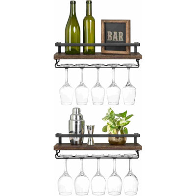 Ensemble de 2 porte-bouteilles muraux en bois rustique avec porte-verres à vin flottant et porte-verres à vin