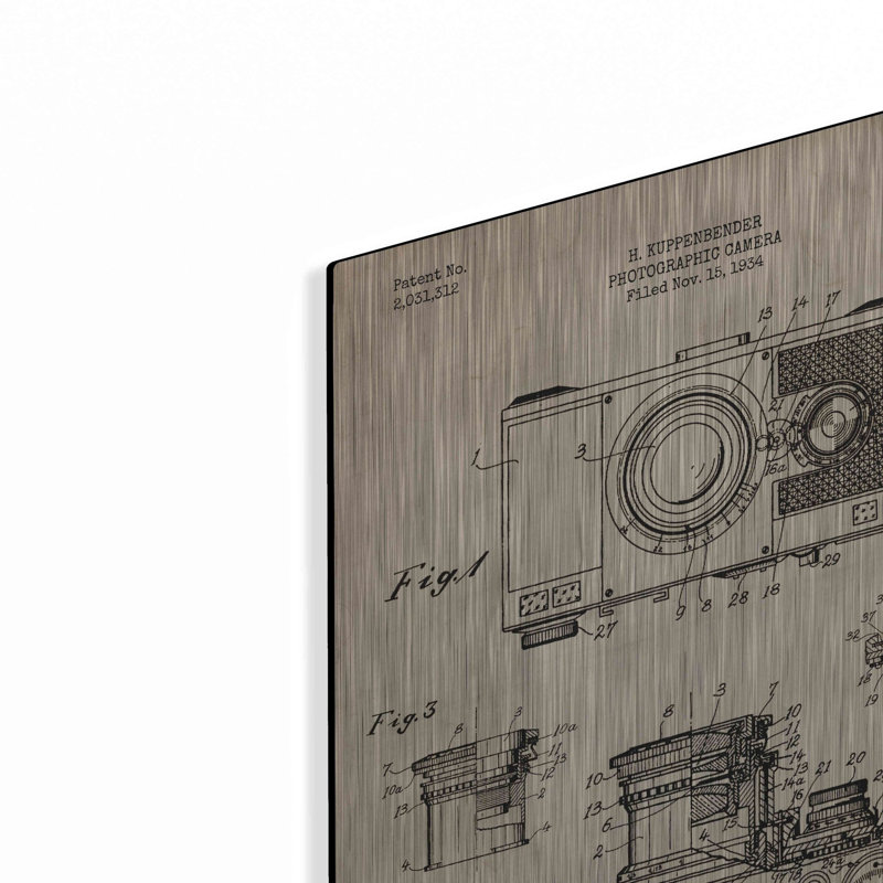 «Caméra, 1936 Blueprint Brevet Parchment», art mural en métal, 12 po x 16 po, H 24 po x l 16 po