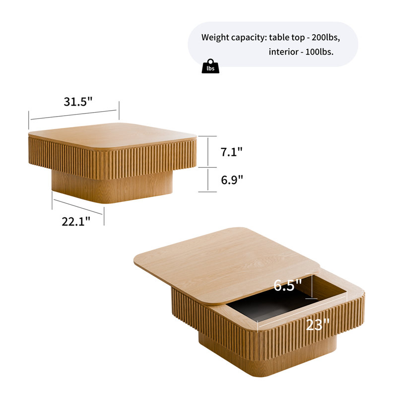 Table basse 31,5 po carrée avec rangement, Naturel