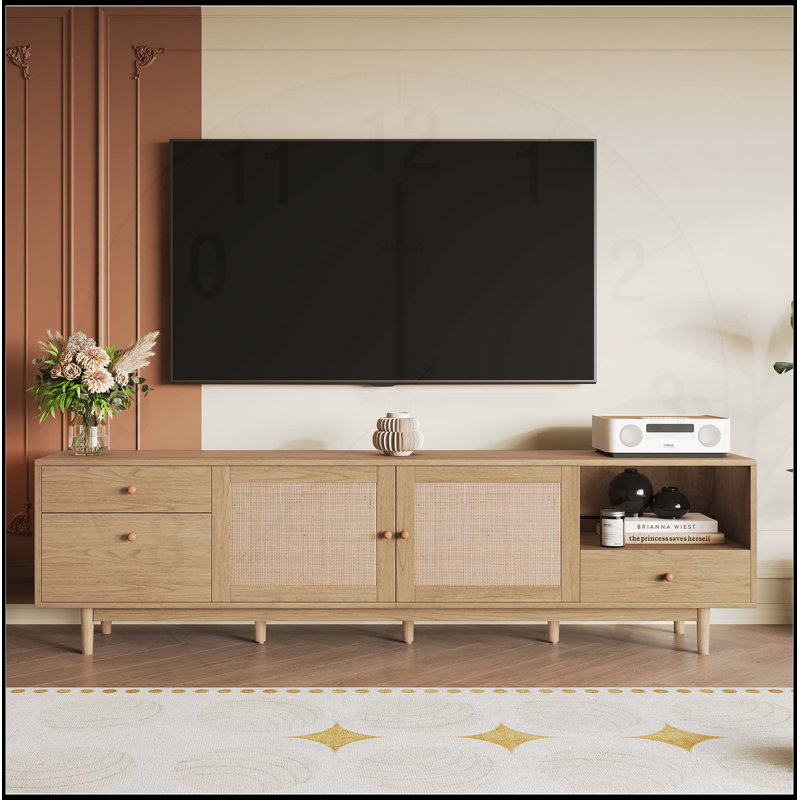 Boho TV Stand for Large TVs, Entertainment Center with Open Storage and Drawers, Wood Media Console with Real Rattan