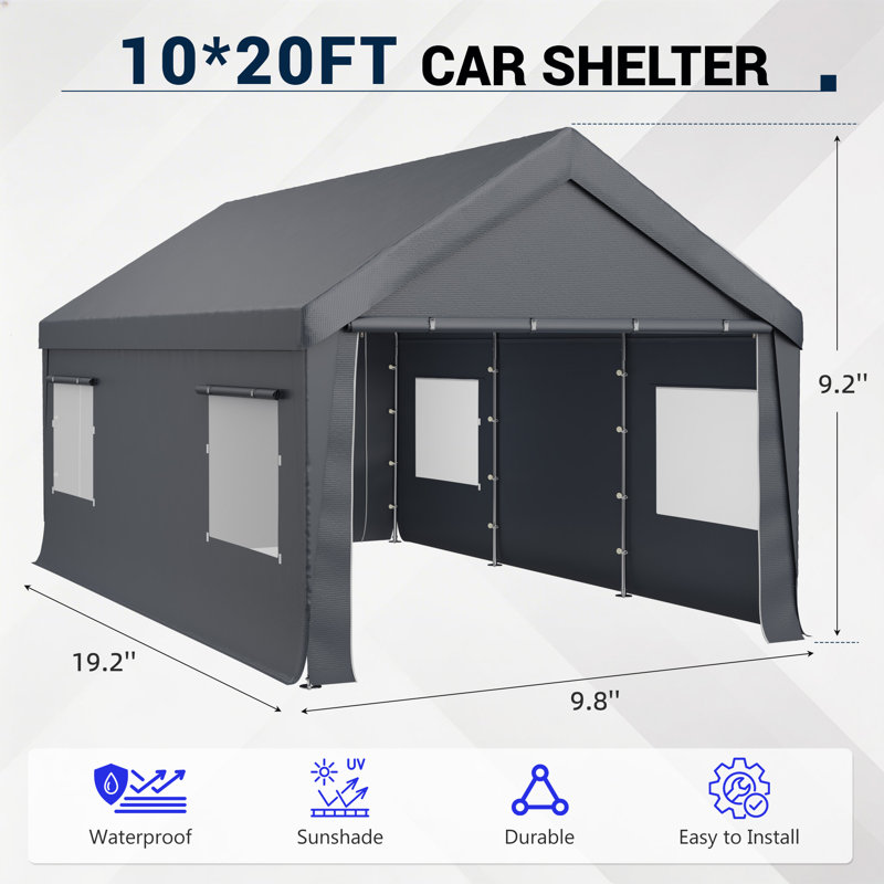 10 Ft. W X 20 Ft. D Car Canopy Portable Garage, Heavy Duty Car Port With Roll-up Ventilated Windows , Uv Resistant Waterproof All-season Tarp For Car, Boat And Emergency Shelter, White/ Black/ Yellow