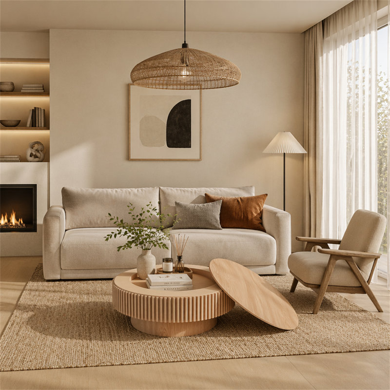 Table basse 31,5 "ronde avec rangement Table d'appoint moderne en placage de bois massif, Bois naturel