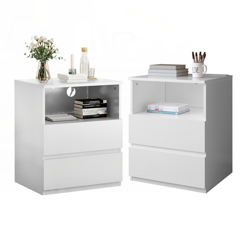 Table de bout avec station de charge USB C rapide, canapé avec 2 tiroirs, grande armoire de rangement moderne en bois pour le salon, la chambre à coucher, le bureau, blanc