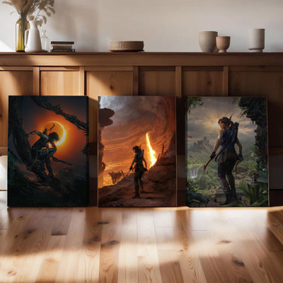 Ensemble de 3 affiches encadrées, toiles murales Tomb Raider, affiches Lara Croft pour la décoration intérieure, paysages fantastiques, décorations vintage pour salle de jeux, cadeau idéal pour les joueurs et les amateurs d'aventure.