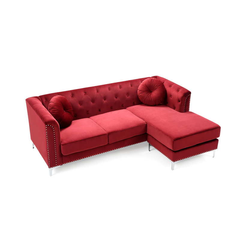 Emmerich Velvet L-Shaped Sectional Reversible, Burgandy
