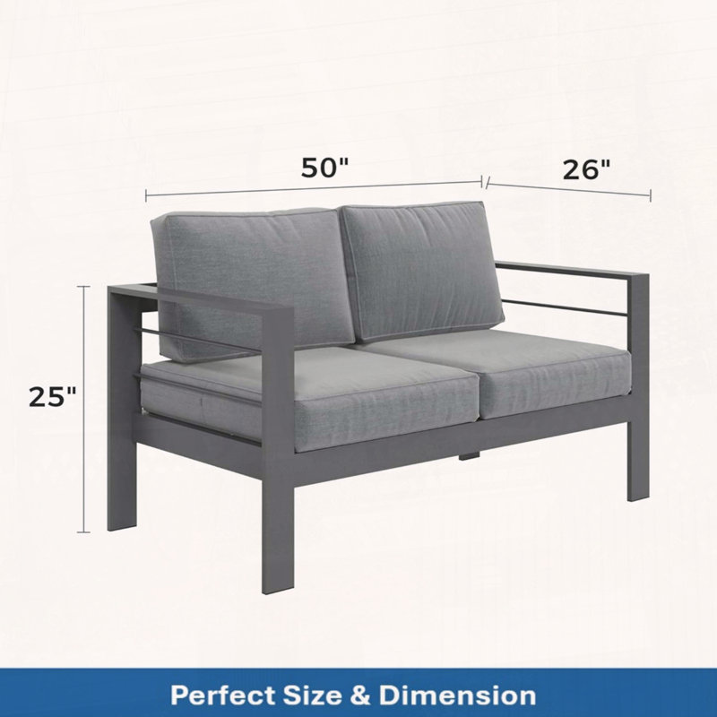 Causeuse de patio en aluminium antirouille avec coussins épais gris foncé, Coussin gris / cadre gris