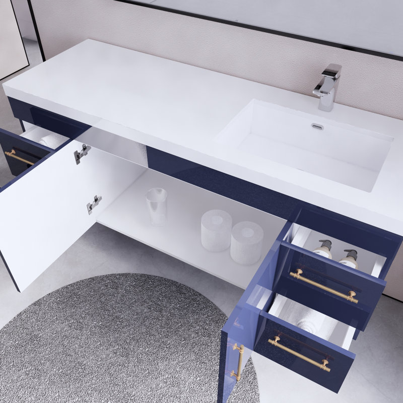 59.06'' Single Bathroom Vanity with Acrylic Top, Navy Blue
