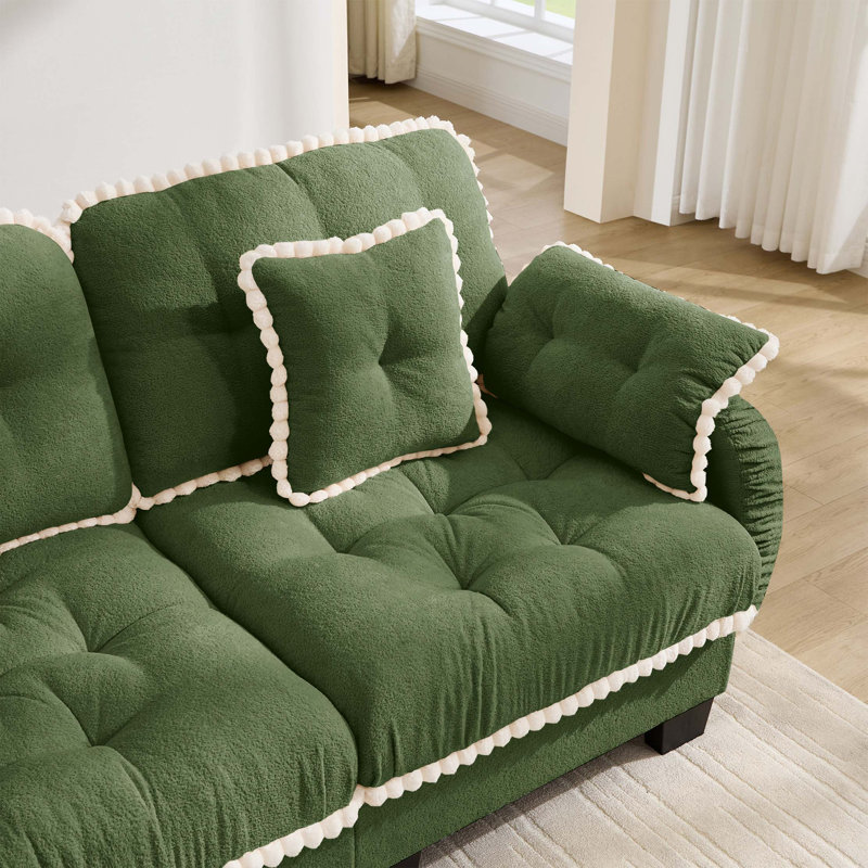 Canapé d'angle en chenille nuage avec pouf amovible et finitions à pompons