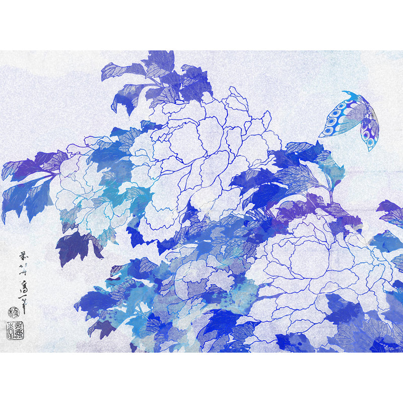 Décalcomanie murale amovible avec papillon japonais, H 14 po x l 18 po, Pivoines