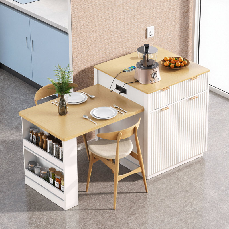 82.6" Fluted Kitchen Island with Extendable Table Seats 4-6, Built-in Power Outlet & Double-Side Storage, Black, White