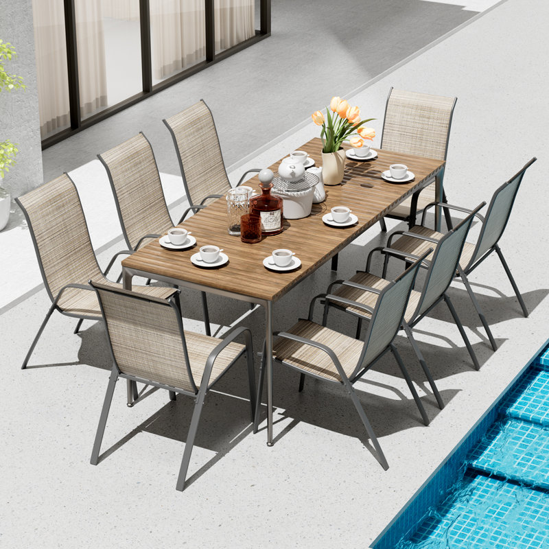 Melisa Patio Chairs Set Of 8, Outdoor Textilene Stackable Dining Chairs （Set of 8）, Brown/Gray