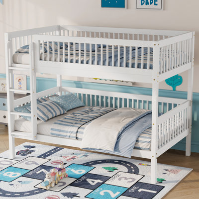 Twin Over Twin Bunk Bed, Pine Wood Convertible Bunk Bed with Ladder & Safety Guardrails, Detachable Twin Beds,White