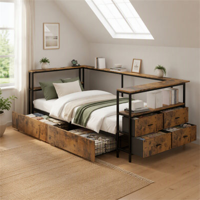 Base de lit simple d'angle Structure de lit plateforme simple en métal avec tiroirs de rangement Lit de jour simple pour enfants et adolescents, cadre de lit pour enfants