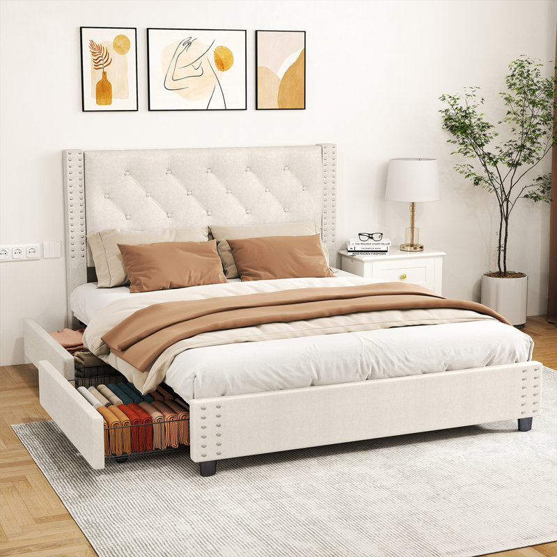 Lit plateforme double capitonné avec 4 tiroirs de rangement, sans sommier tapissier, Beige, Lit double