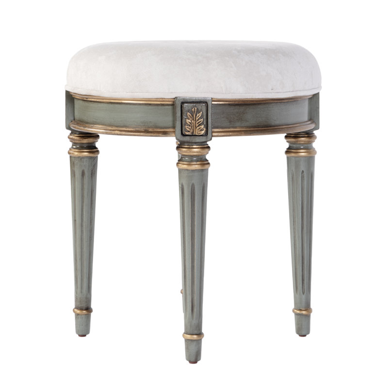 Anicka 18.5 in. Seat Height Round Upholstered and Solid Wood Traditional Vanity Stool, Green, White