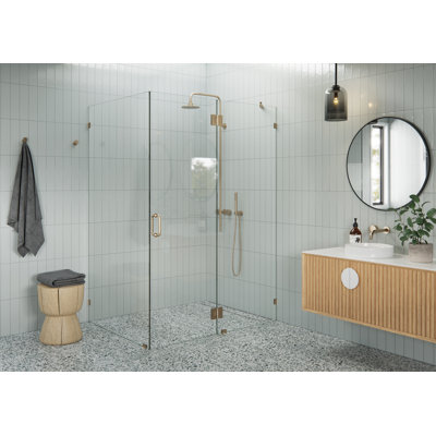 Cabine de douche à charnière en verre sans cadre à 90 degrés de 56 po x 41 po x 78 po Halo