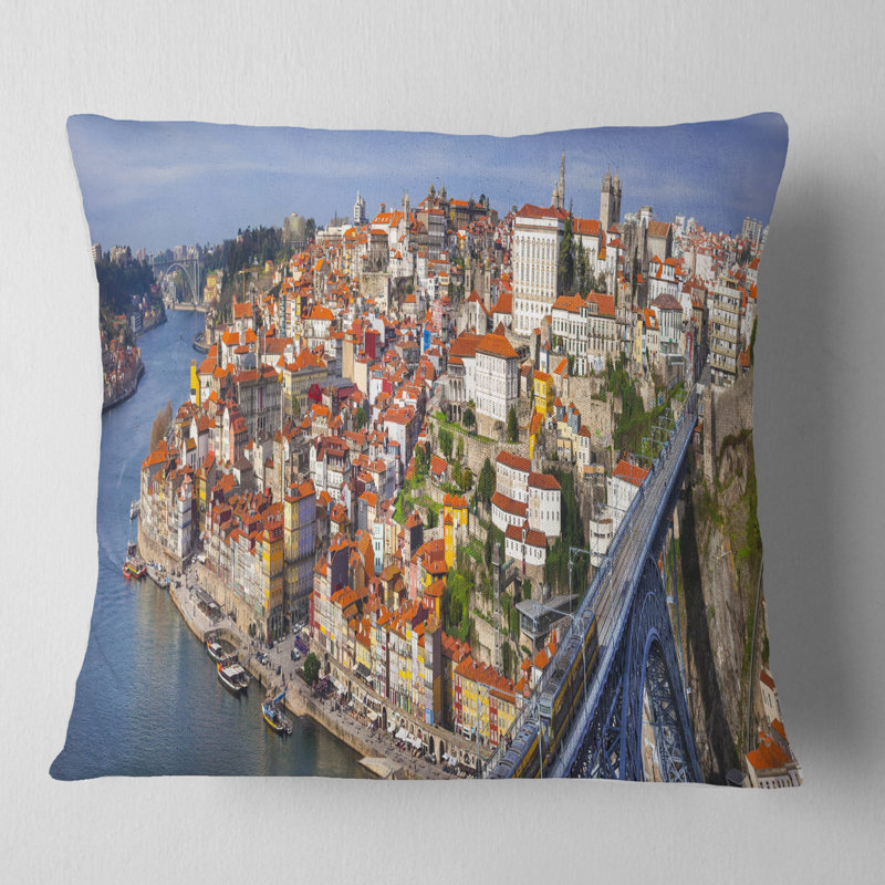Coussin décoratif panoramique cityscape porto city, 18 po x 18 po, Coussin décoratif
