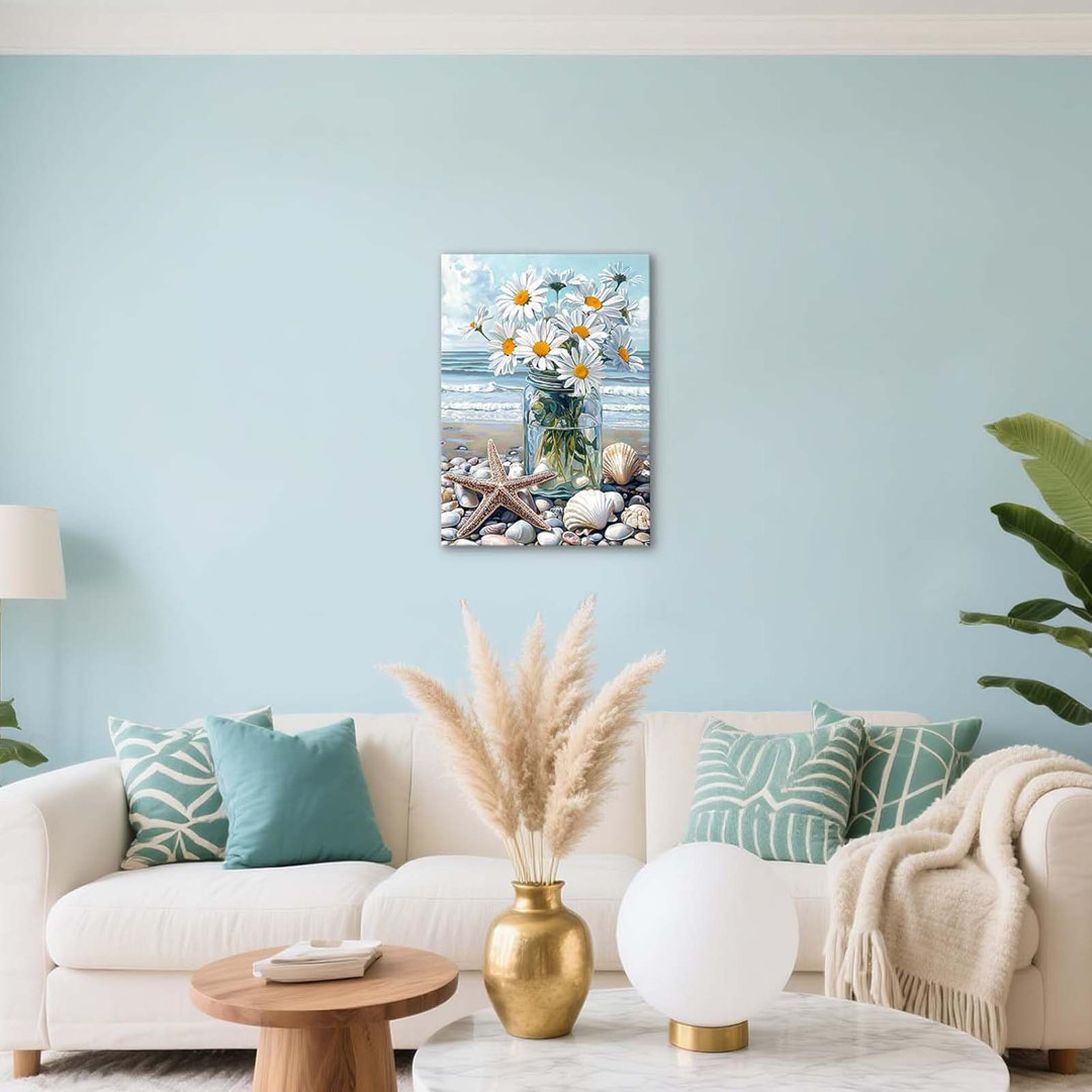 Blue Beach Bunch Of Flowers Canvas Wall Art Ocean Stones Paintings White Flowers In Full Bloom Wall Picture Canvas Print Artwork Wall Decor For Dining