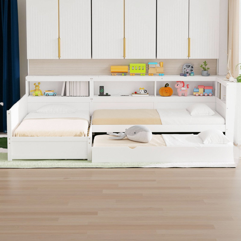 Lit plateforme simple en bois avec lit gigogne et tiroir en bois L, Blanc