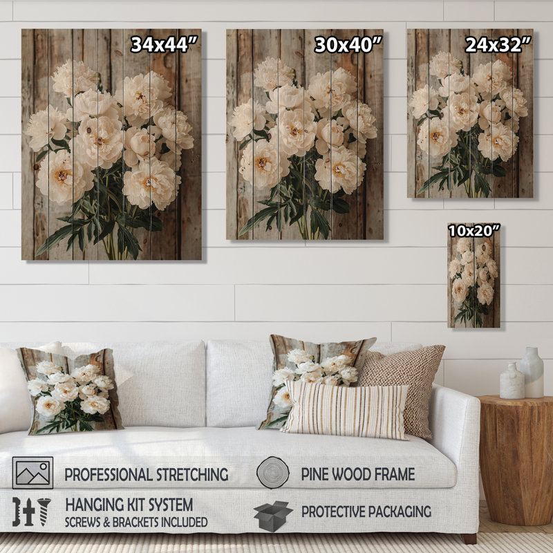 Photo Peonies By The Dairy Barn III - Peonies Wood Wall Decor - On Natural Pine Wood, 40" H x 30" W x 0.78" D