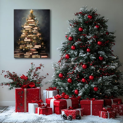 Créatif, images d'arbre de livre de Noël, art mural moderne sur toile encadré pour la décoration murale du salon, peintures de Cottagecore d'hiver pour la salle de bain de la chambre à coucher, cadeaux de Noël