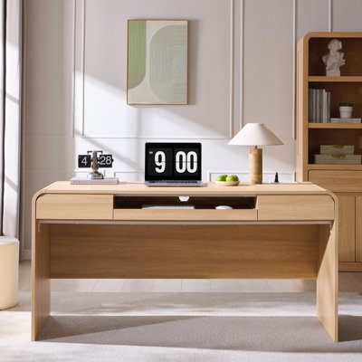 Bureau d'ordinateur moderne Maud de 63 po avec 2 tiroirs de rangement, bureau d'écriture avec plateau pour clavier et prise de courant pour bureau à domicile Maud