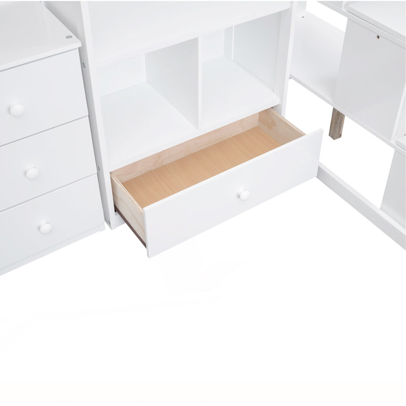 Lit mezzanine simple avec bureau en L et tiroirs, Lit simple, Blanc