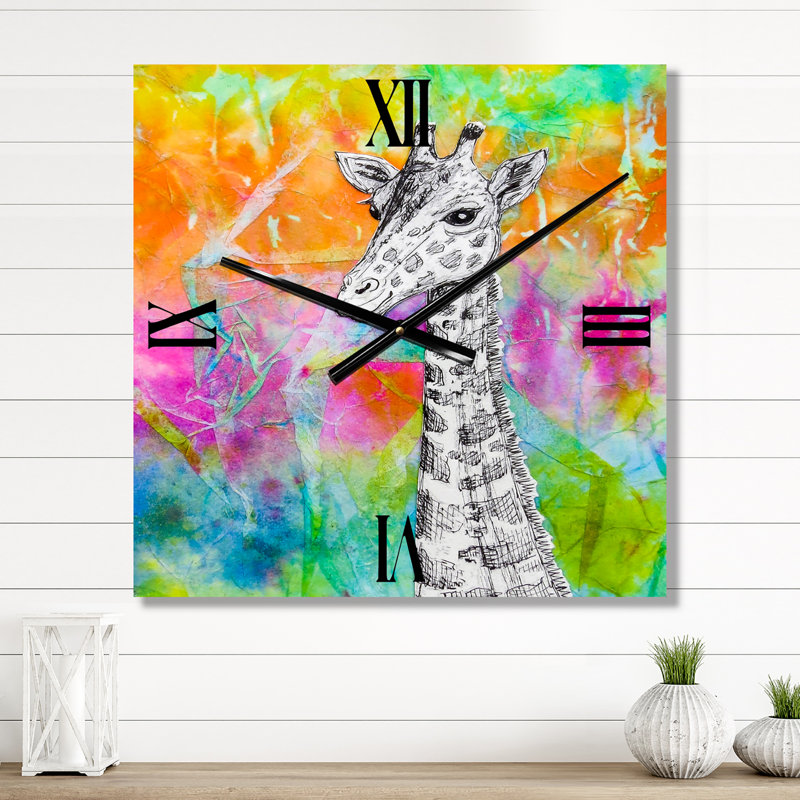 White Giraffe Drawing on Bright Rainbow - Children'S Art Wall Clock, Small