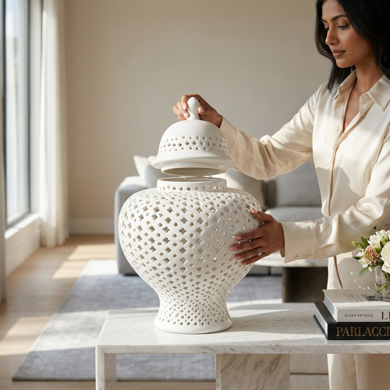 Ella Glamorous White Ceramic Ginger Jar, 19" H x 12.5" W x 12.5" D