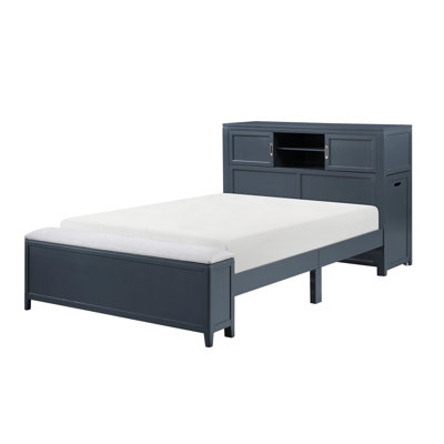 Navy Blue Finish Full Platform Bed with Bookcase Headboard Drawers Hidden Desk Stool Footboard Storage Bench Bedroom Furniture 1pc